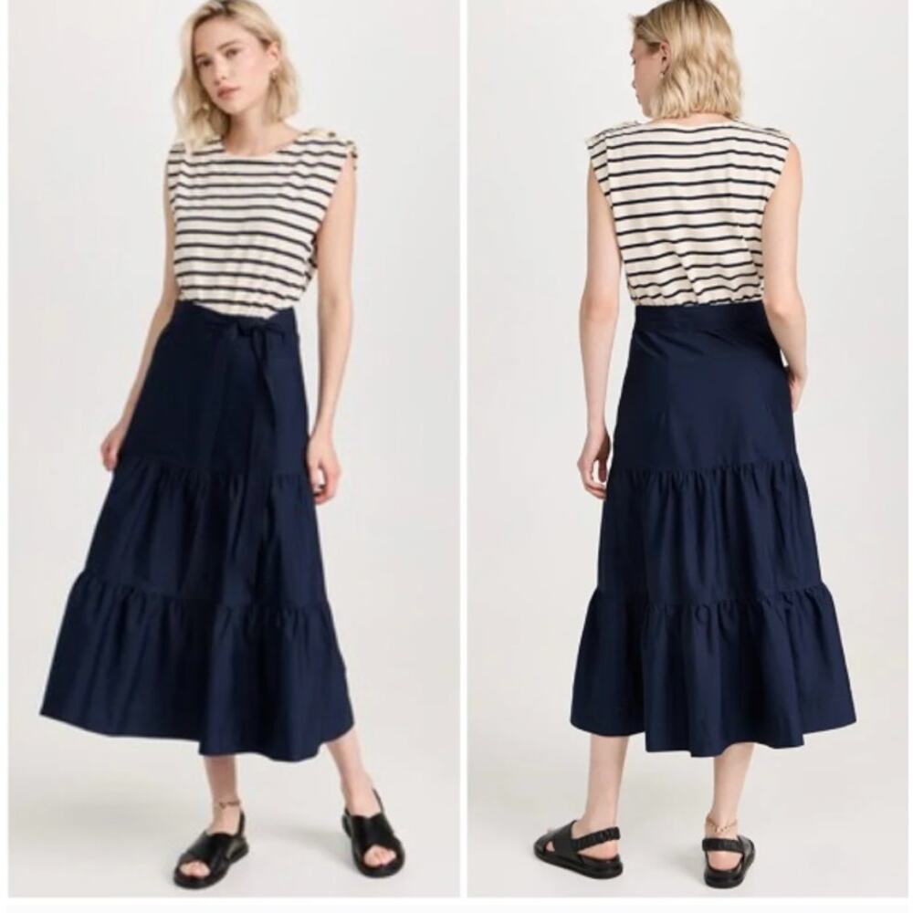 Veronica Beard Jean Pazila Tiered Midi Dress In Navy Blue And White Size XL